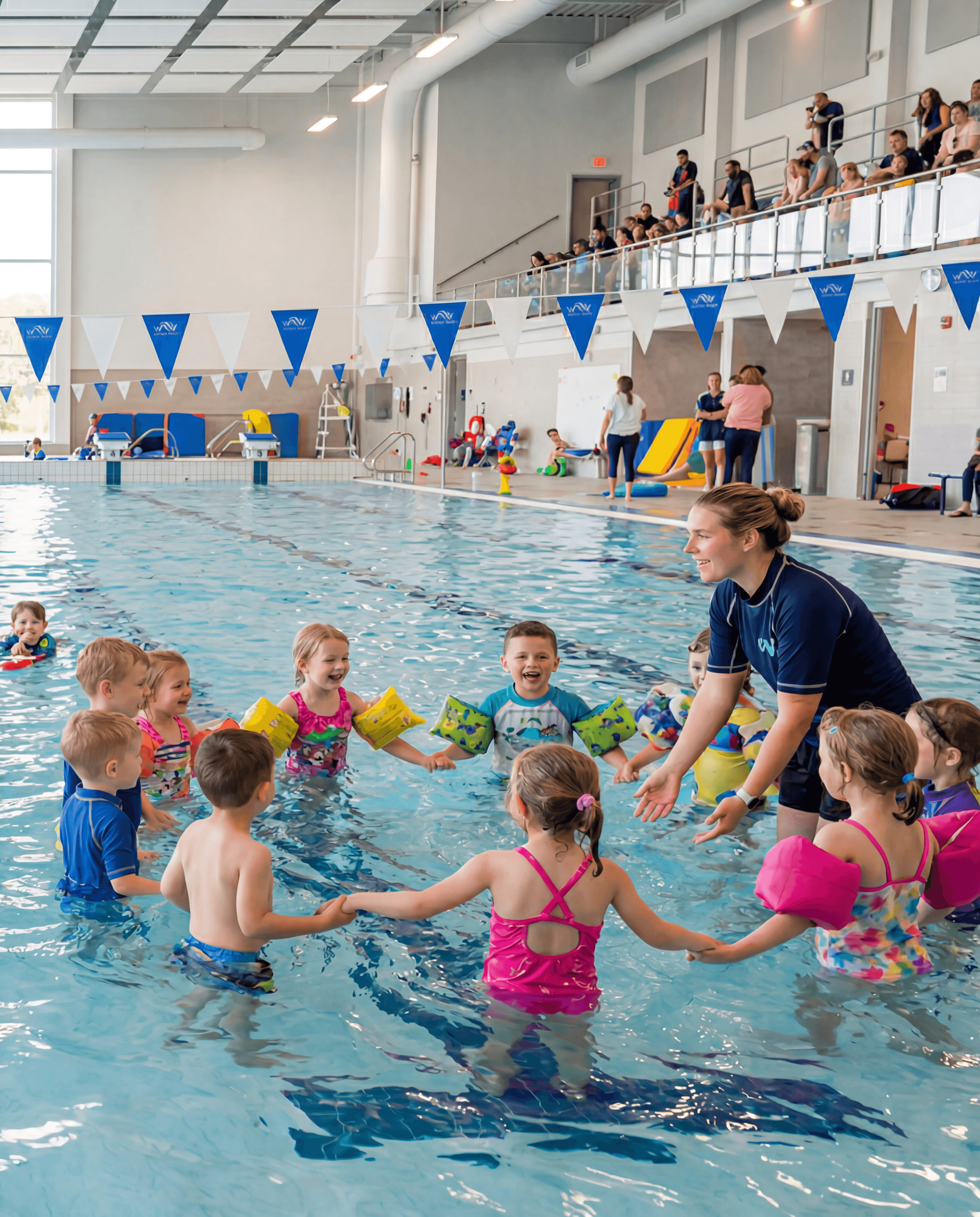 Swim instructor and students in the pool